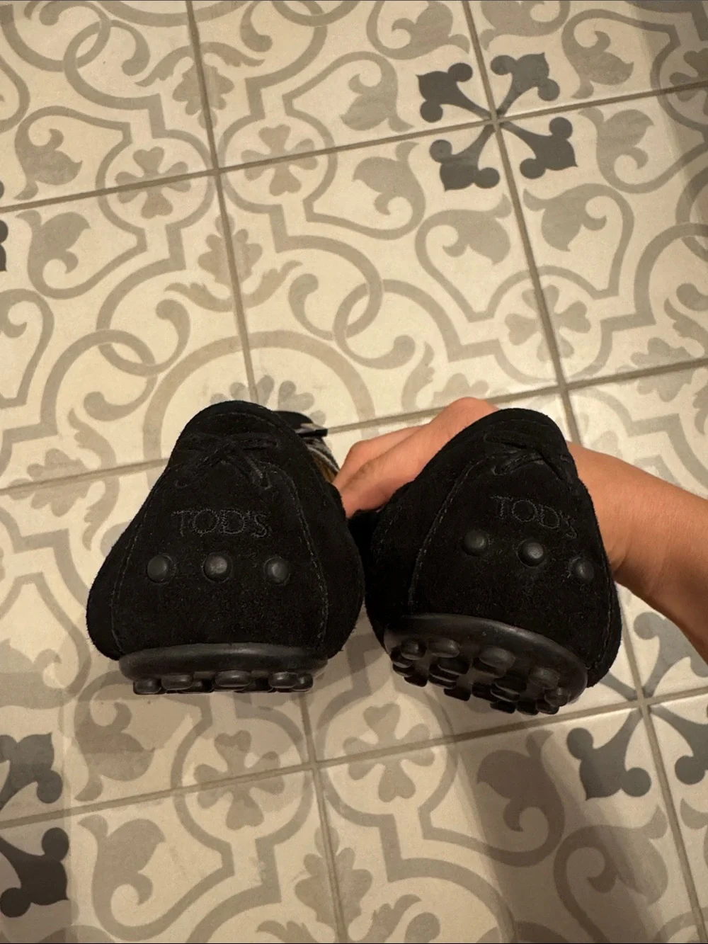 TOD'S Black Suede & Patent Bow Square-Toe Ballet Flats